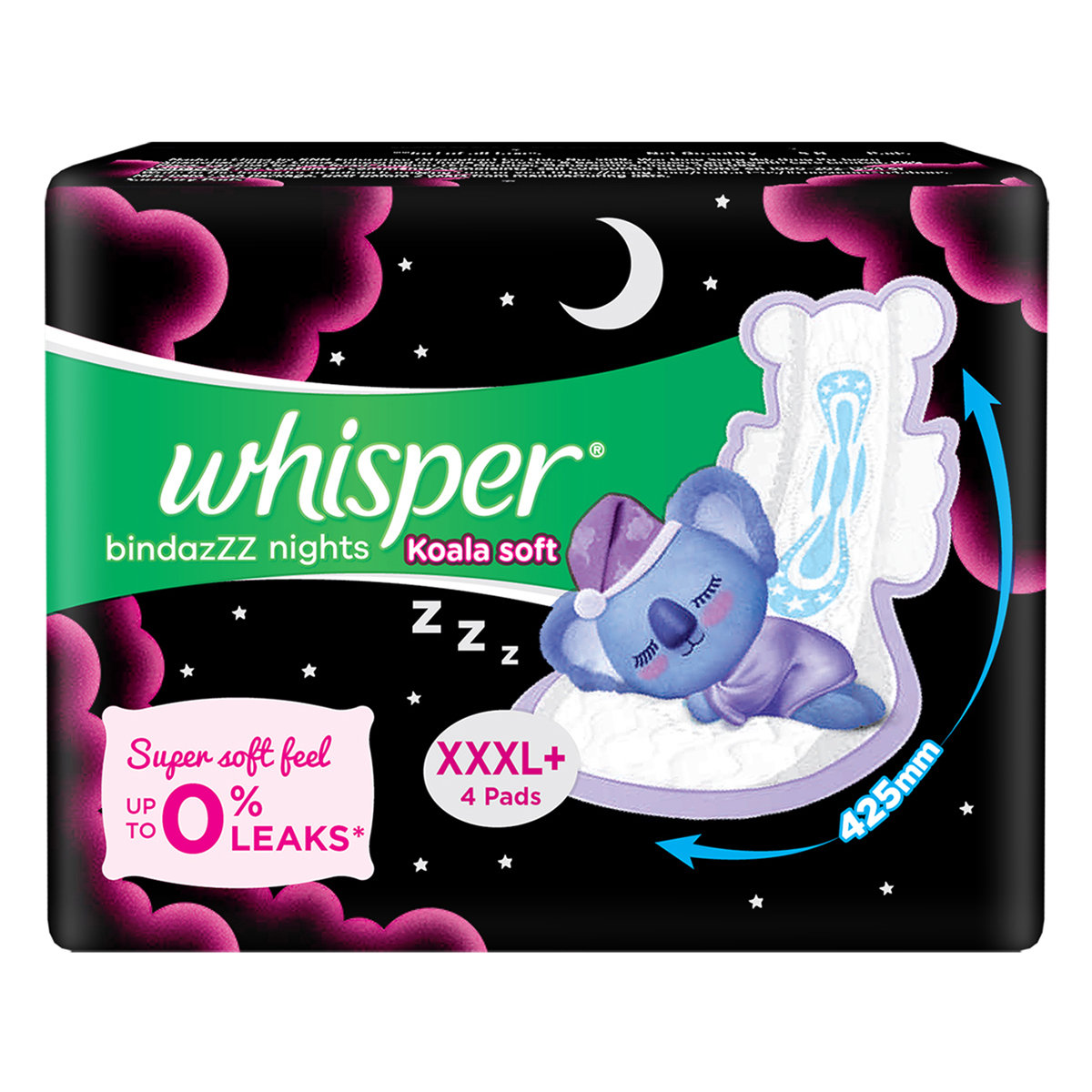 Whisper Bindazzz Nights Koala Soft Sanitary Pads XXXL+, 4 Count, Pack of 1 Whisper Bindazzz Nights Koala Soft Sanitary Pads XXXL+, 4 Count, Pack of 1