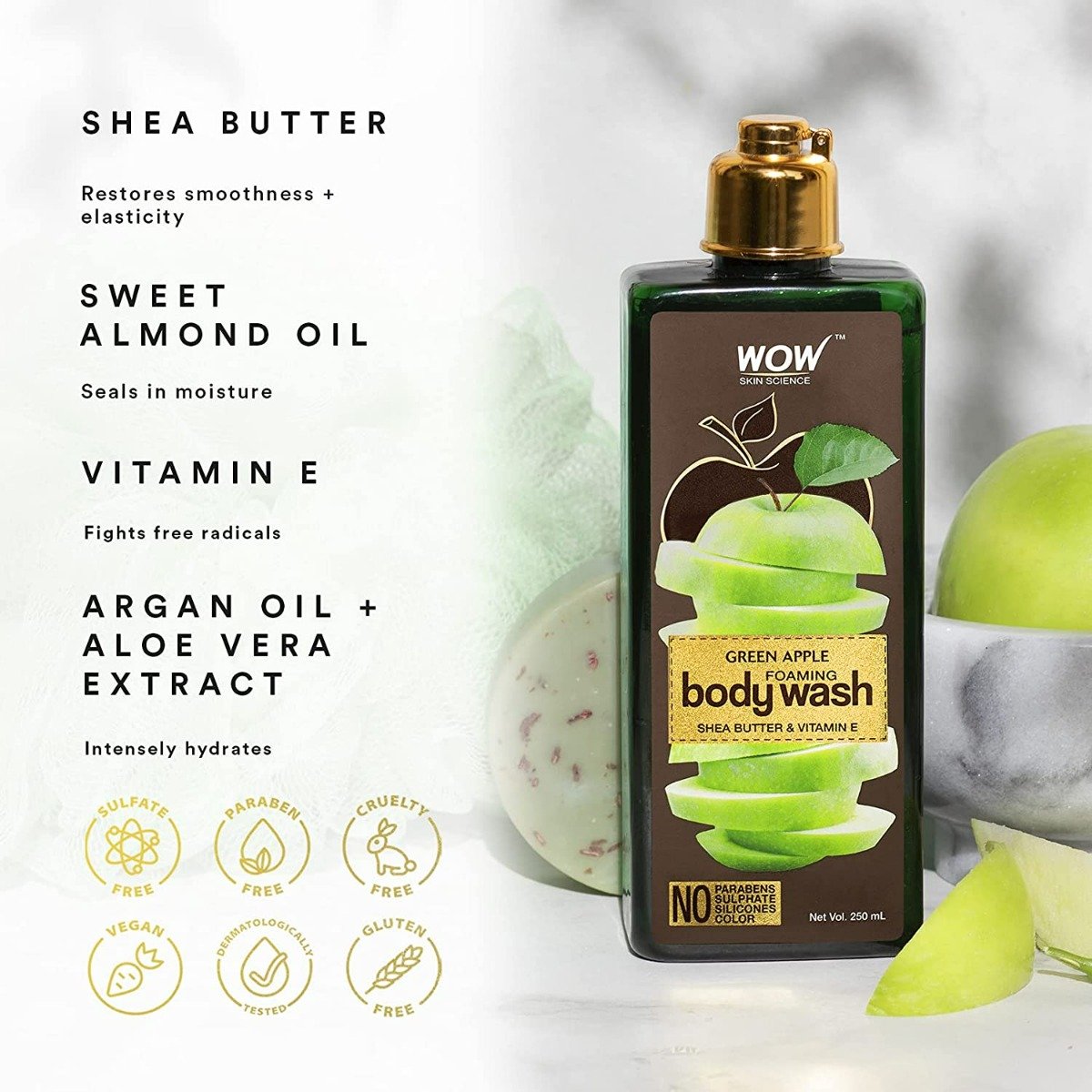 WOW Skin Science Green Apple Foaming Body Wash 250 ml | Shea Butter & Vitamin E | Soothes & Nourishes Skin, Pack of 1 WOW Skin Science Green Apple Foaming Body Wash 250 ml | Shea Butter & Vitamin E | Soothes & Nourishes Skin, Pack of 1
