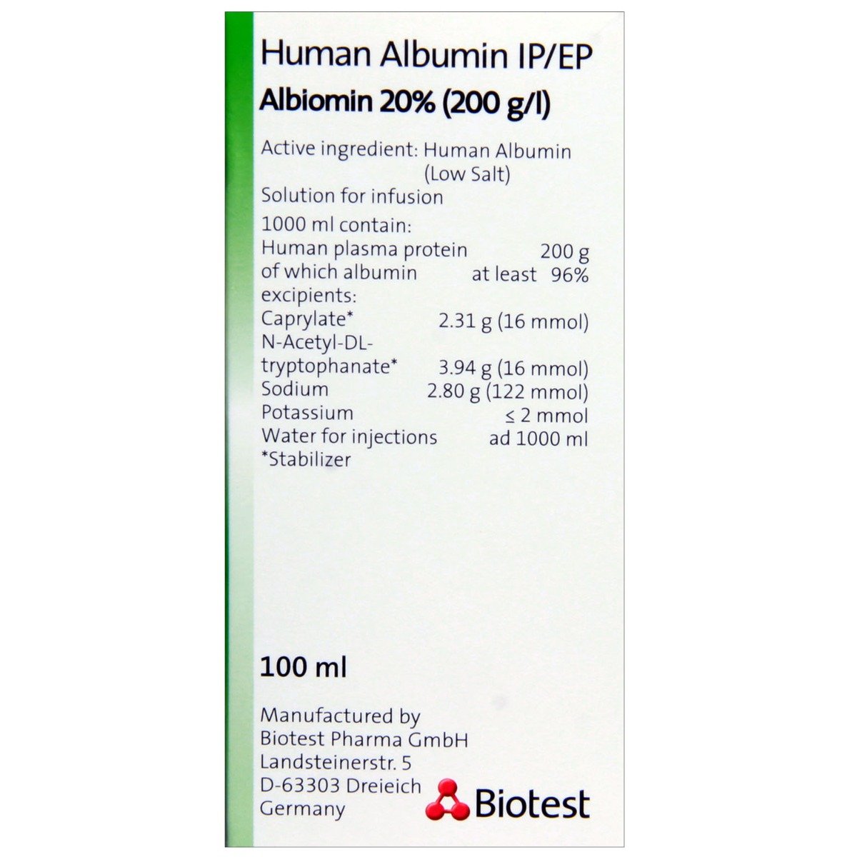 Albiomin 20% Infusion 100 ml, Pack of 1 INJECTION Albiomin 20% Infusion 100 ml, Pack of 1 INJECTION