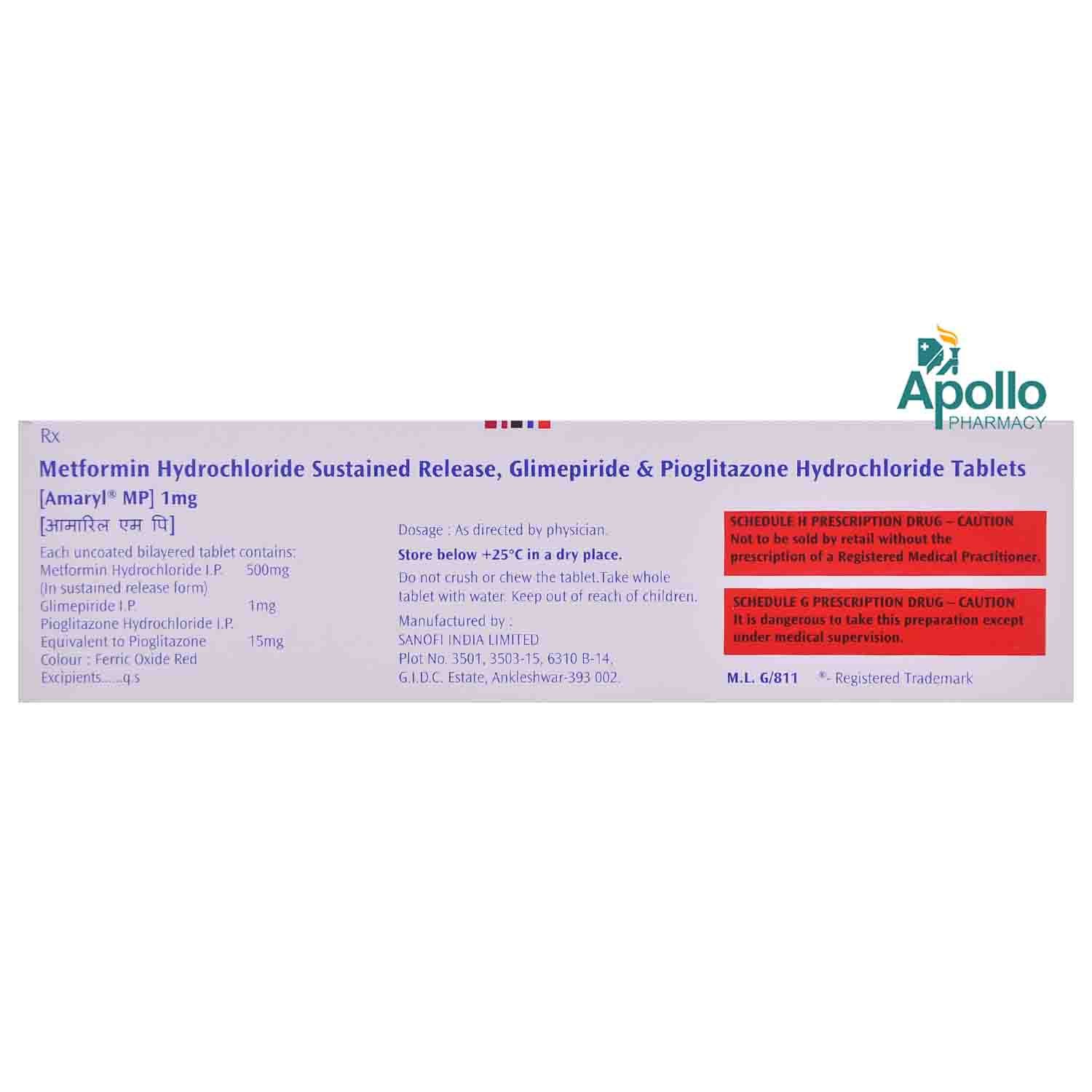 Amaryl MP 1 mg Tablet 15's, Pack of 15 TABLETS Amaryl MP 1 mg Tablet 15's, Pack of 15 TABLETS