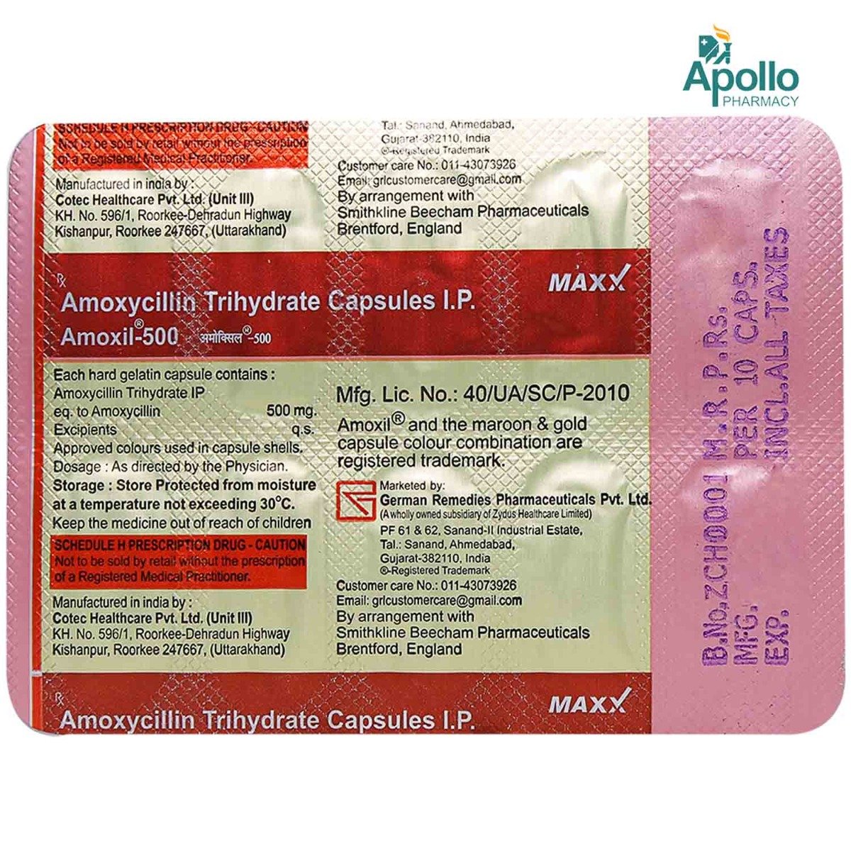 Amoxil-500 Capsule 10's, Pack of 10 CAPSULES Amoxil-500 Capsule 10's, Pack of 10 CAPSULES