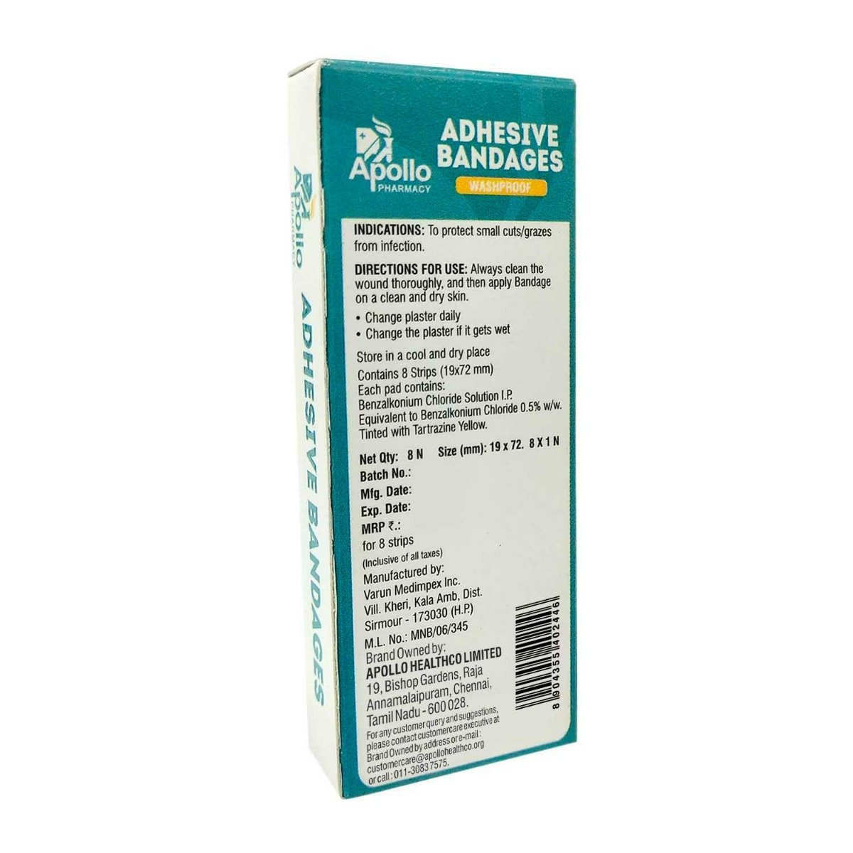 Apollo Pharmacy Wash Proof Adhesive Bandages, 8 Count, Pack of 1 Apollo Pharmacy Wash Proof Adhesive Bandages, 8 Count, Pack of 1