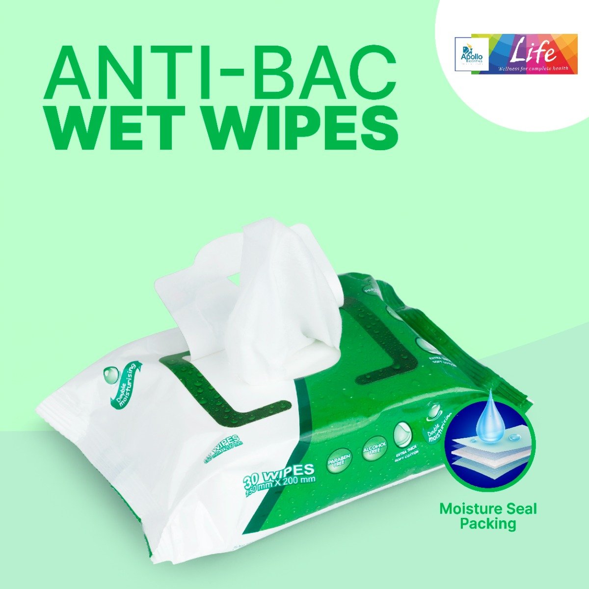 Apollo Life Anti-Bac Wet Wipes, 60 Count (2x30 Wipes), Pack of 2 Apollo Life Anti-Bac Wet Wipes, 60 Count (2x30 Wipes), Pack of 2