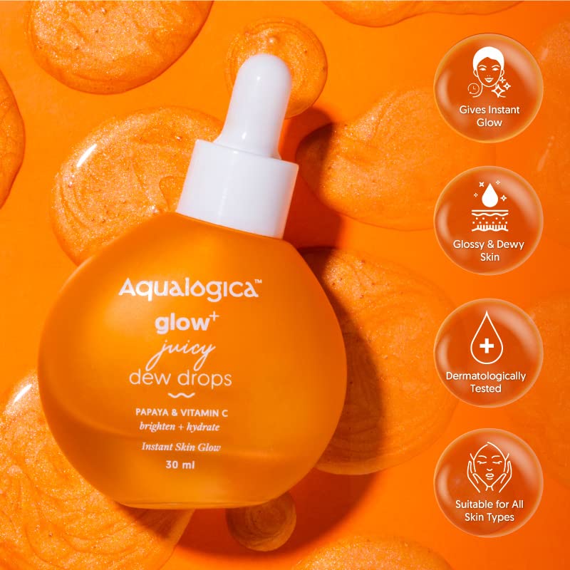 Aqualogica Glow+ Juicy Dew Drops 30 ml | Vitamin C & Papaya | Instant Skin Glow | Glossy & Dewy Skin | All Skin Type, Pack of 1 Aqualogica Glow+ Juicy Dew Drops 30 ml | Vitamin C & Papaya | Instant Skin Glow | Glossy & Dewy Skin | All Skin Type, Pack of 1