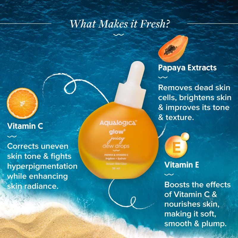 Aqualogica Glow+ Juicy Dew Drops 30 ml | Vitamin C & Papaya | Instant Skin Glow | Glossy & Dewy Skin | All Skin Type, Pack of 1 Aqualogica Glow+ Juicy Dew Drops 30 ml | Vitamin C & Papaya | Instant Skin Glow | Glossy & Dewy Skin | All Skin Type, Pack of 1