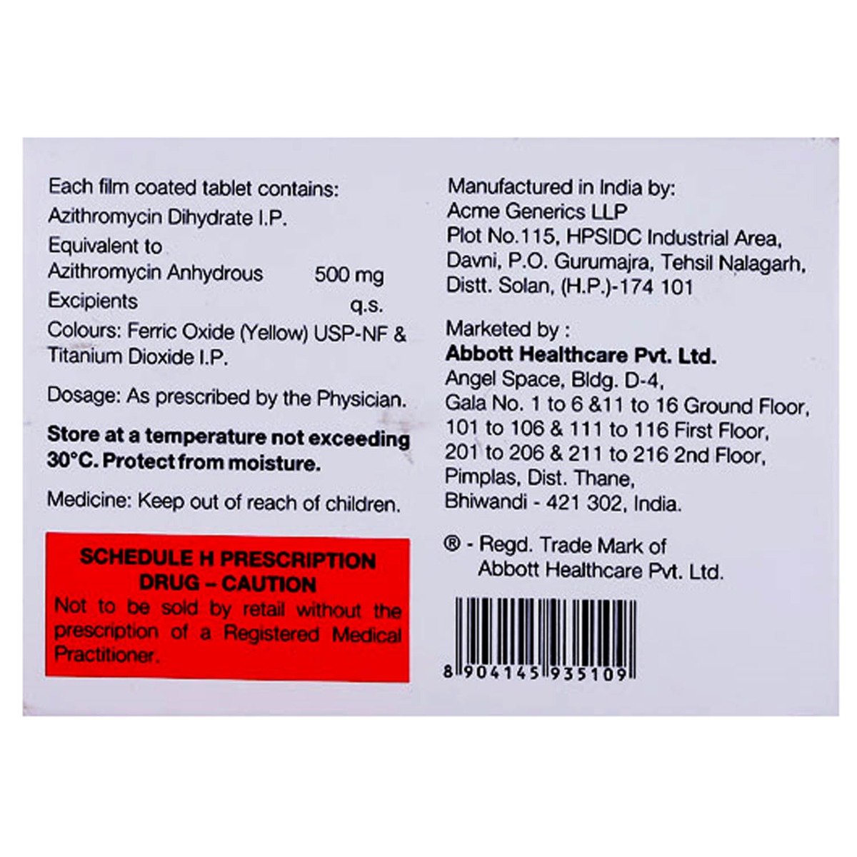 Azro 500 mg Tablet 5's, Pack of 5 TABLETS Azro 500 mg Tablet 5's, Pack of 5 TABLETS