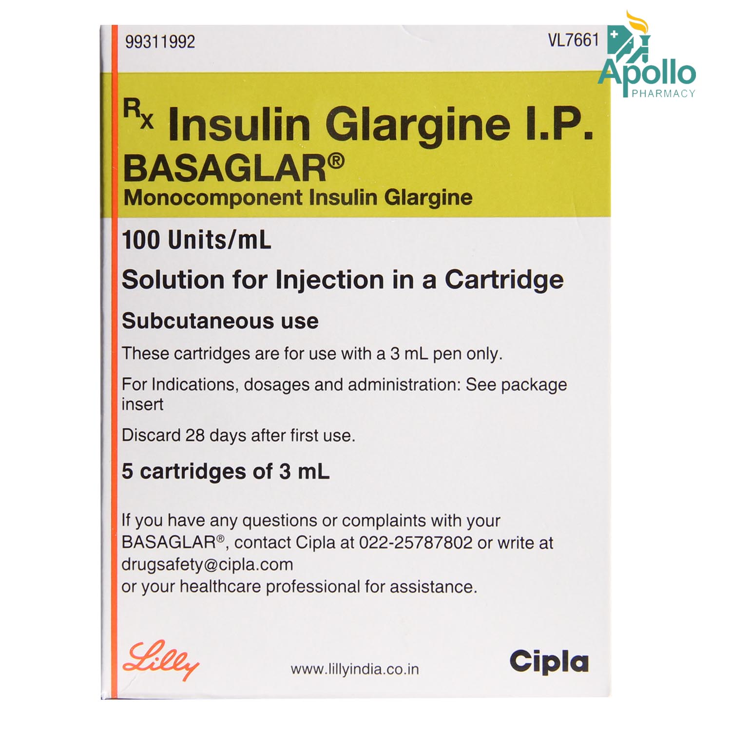 Basaglar 100 Units/ml Cartridge 3 ml, Pack of 1 Injection Basaglar 100 Units/ml Cartridge 3 ml, Pack of 1 Injection