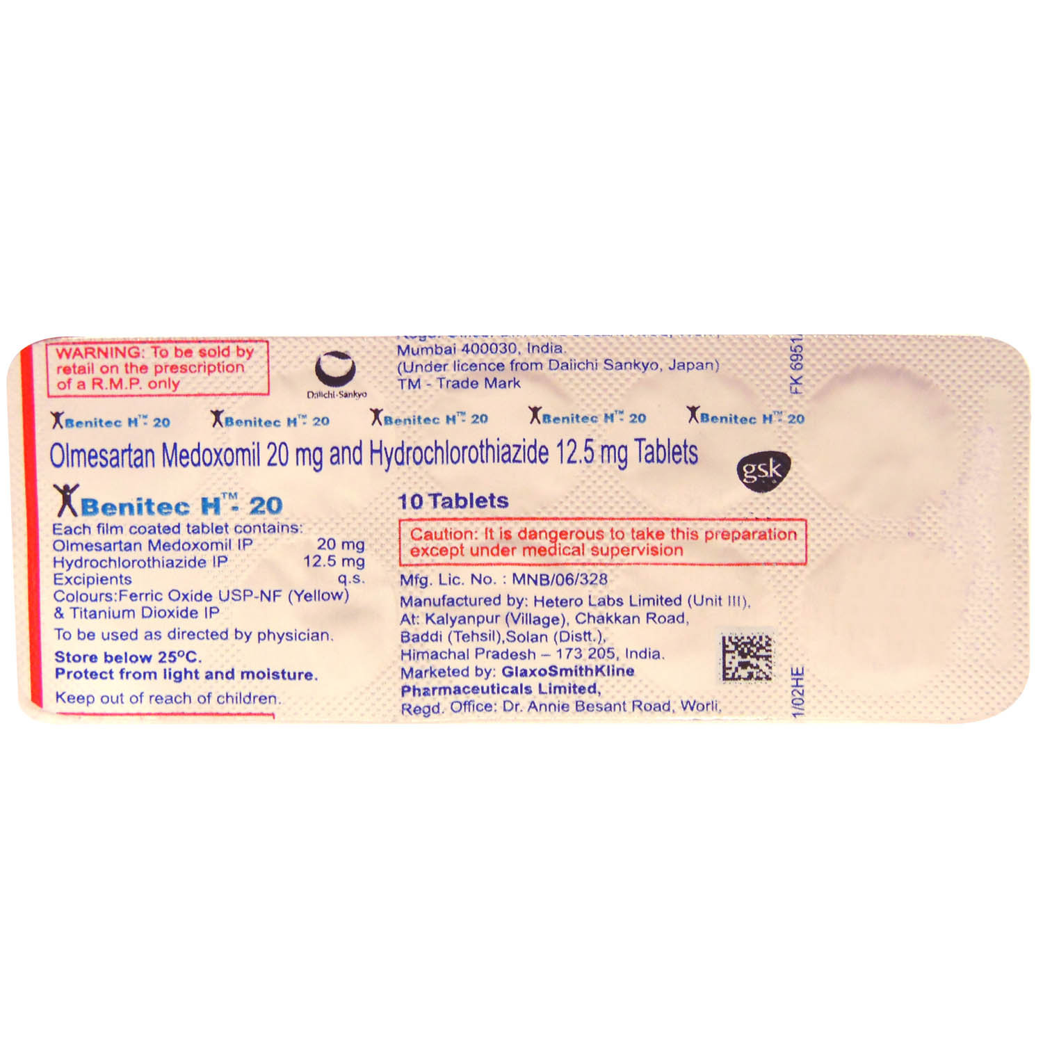 BENITEC H 20MG TABLET, Pack of 10 TABLETS BENITEC H 20MG TABLET, Pack of 10 TABLETS