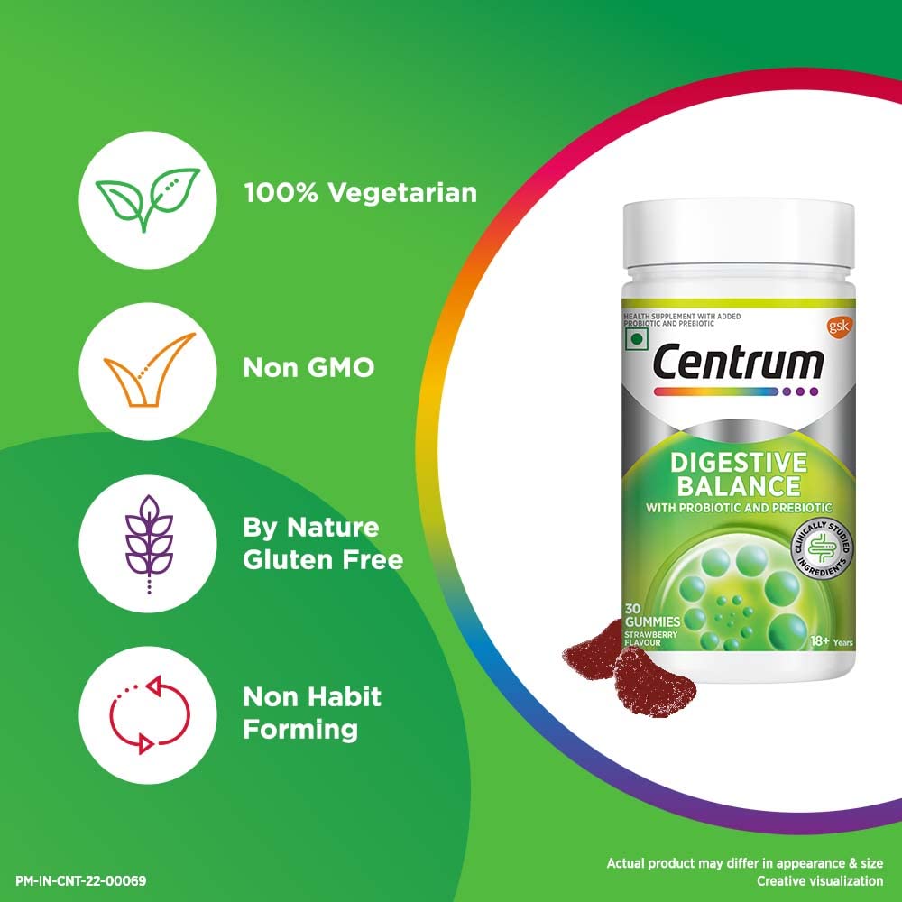 Centrum Digestive Balance Strawberry Flavour with Probiotic & Prebiotic, 30 Gummies, Pack of 1 Centrum Digestive Balance Strawberry Flavour with Probiotic & Prebiotic, 30 Gummies, Pack of 1