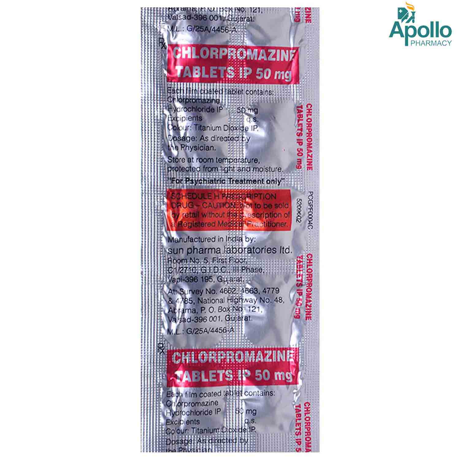 Chlorpromazine 50 mg Tablet 10's, Pack of 10 TABLETS Chlorpromazine 50 mg Tablet 10's, Pack of 10 TABLETS