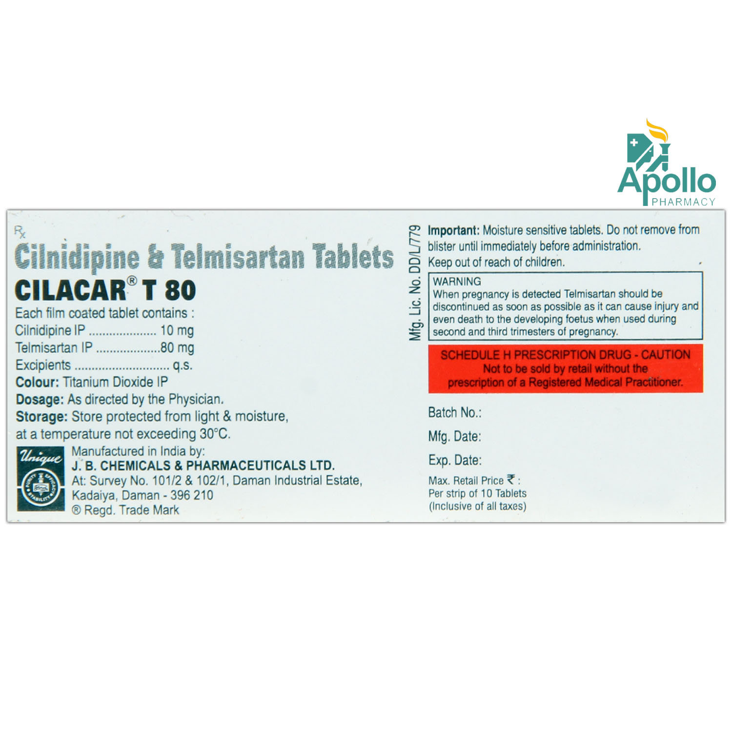 Cilacar T 80 Tablet 10's, Pack of 10 TABLETS Cilacar T 80 Tablet 10's, Pack of 10 TABLETS
