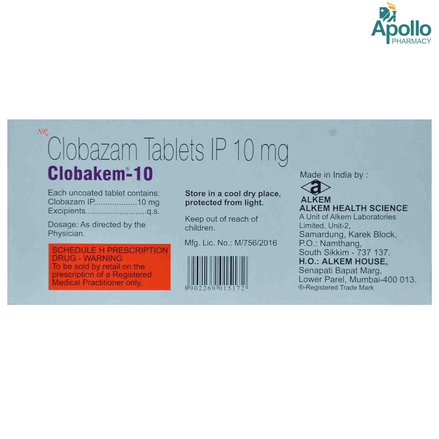 Clobakem 10 mg Tablet 10's, Pack of 10 TabletS Clobakem 10 mg Tablet 10's, Pack of 10 TabletS