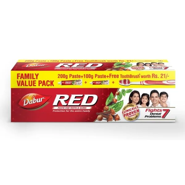 Dabur Red Toothpaste Combo Pack, 300 gm (200+100 gm + Free Toothbrush), Pack of 1
