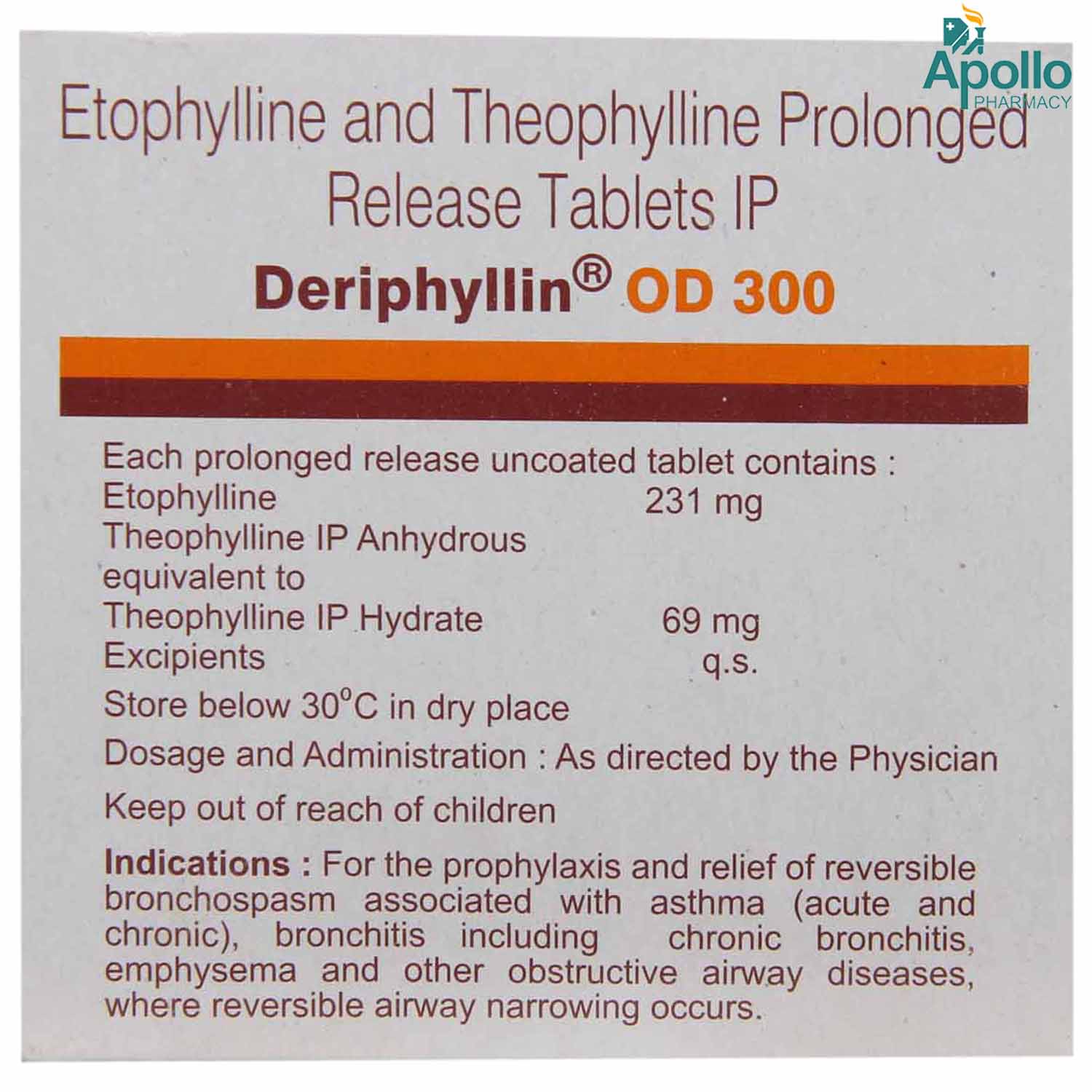 Deriphyllin OD 300 Tablet 15's, Pack of 15 TABLETS Deriphyllin OD 300 Tablet 15's, Pack of 15 TABLETS