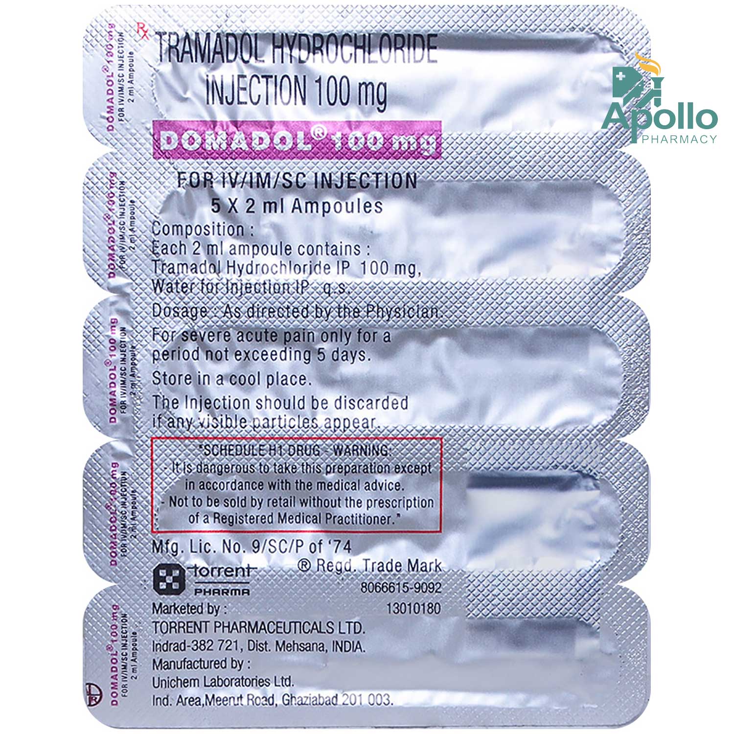 Domadol 100 mg Injection 2 ml, Pack of 1 INJECTION Domadol 100 mg Injection 2 ml, Pack of 1 INJECTION