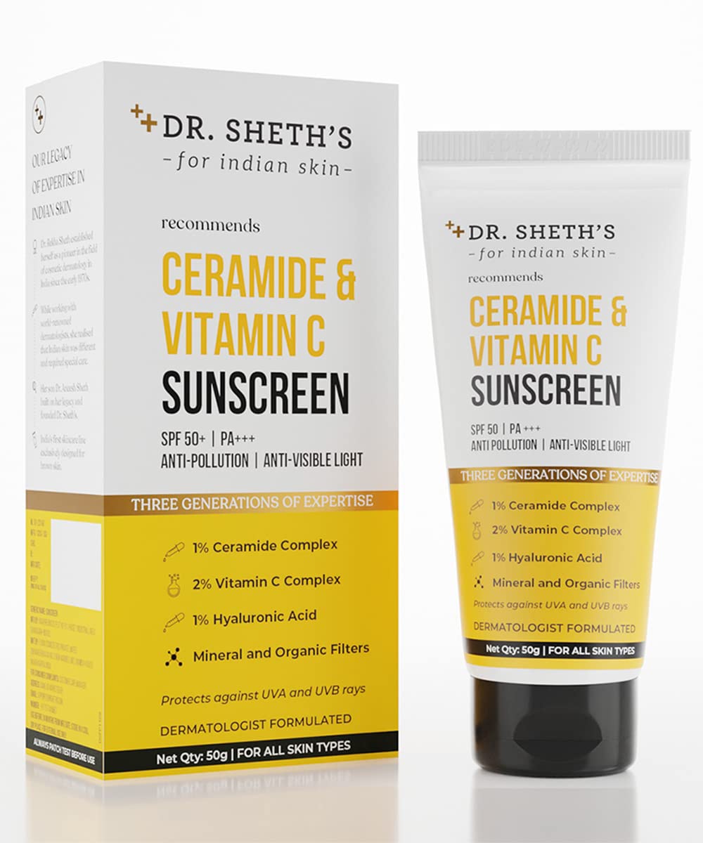 Dr. Sheth's Ceramide & Vitamin C SPF 50+ Sunscreen Cream, 50 gm, Pack of 1 Dr. Sheth's Ceramide & Vitamin C SPF 50+ Sunscreen Cream, 50 gm, Pack of 1
