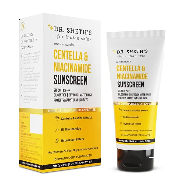 Dr. Sheth's Centella &amp; Niacinamide SPF 50 Sunscreen Cream, 50 gm, Pack of 1