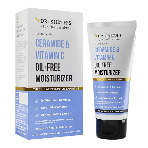Dr. Sheth's Ceramide &amp; Vitamin C Oil Free Moisturizer 50 gm | Vitamin C, Ceramides Complex &amp; Ashwagandha | Deeply Hydrates | Strengthens Skin Barrier | pH Balanced | Lightweight Formula | For All Skin Type, Pack of 1