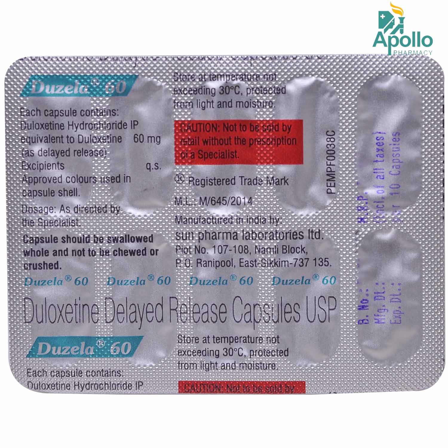 Duzela 60 Capsule 10's, Pack of 10 CAPSULES Duzela 60 Capsule 10's, Pack of 10 CAPSULES