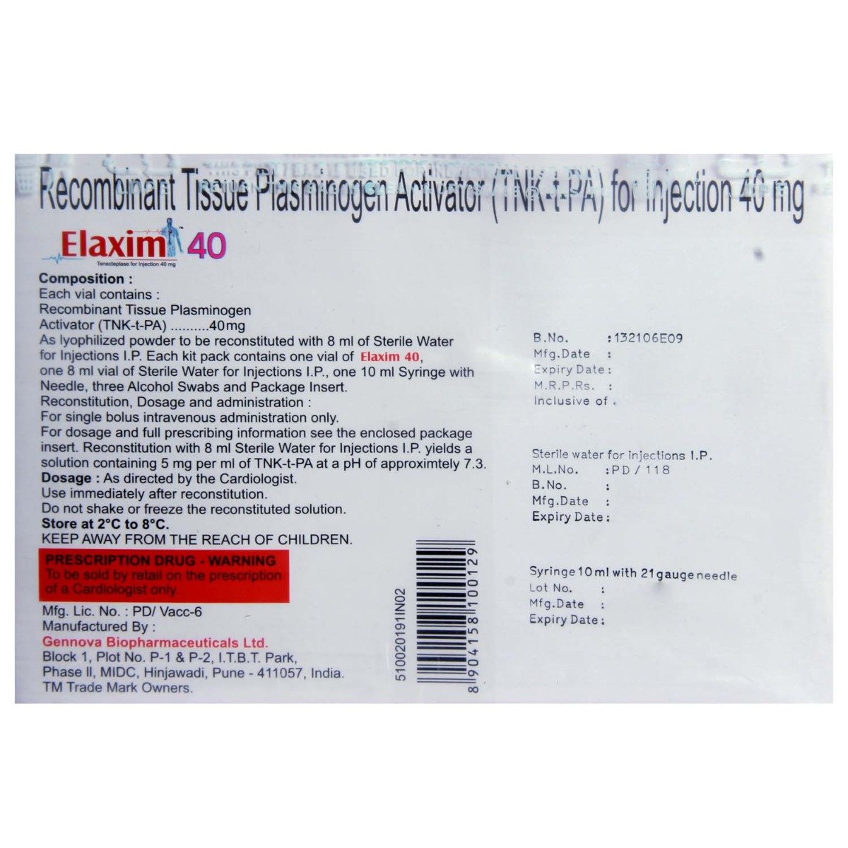 ELAXIM 40MG INJECTION, Pack of 1 INJECTION ELAXIM 40MG INJECTION, Pack of 1 INJECTION