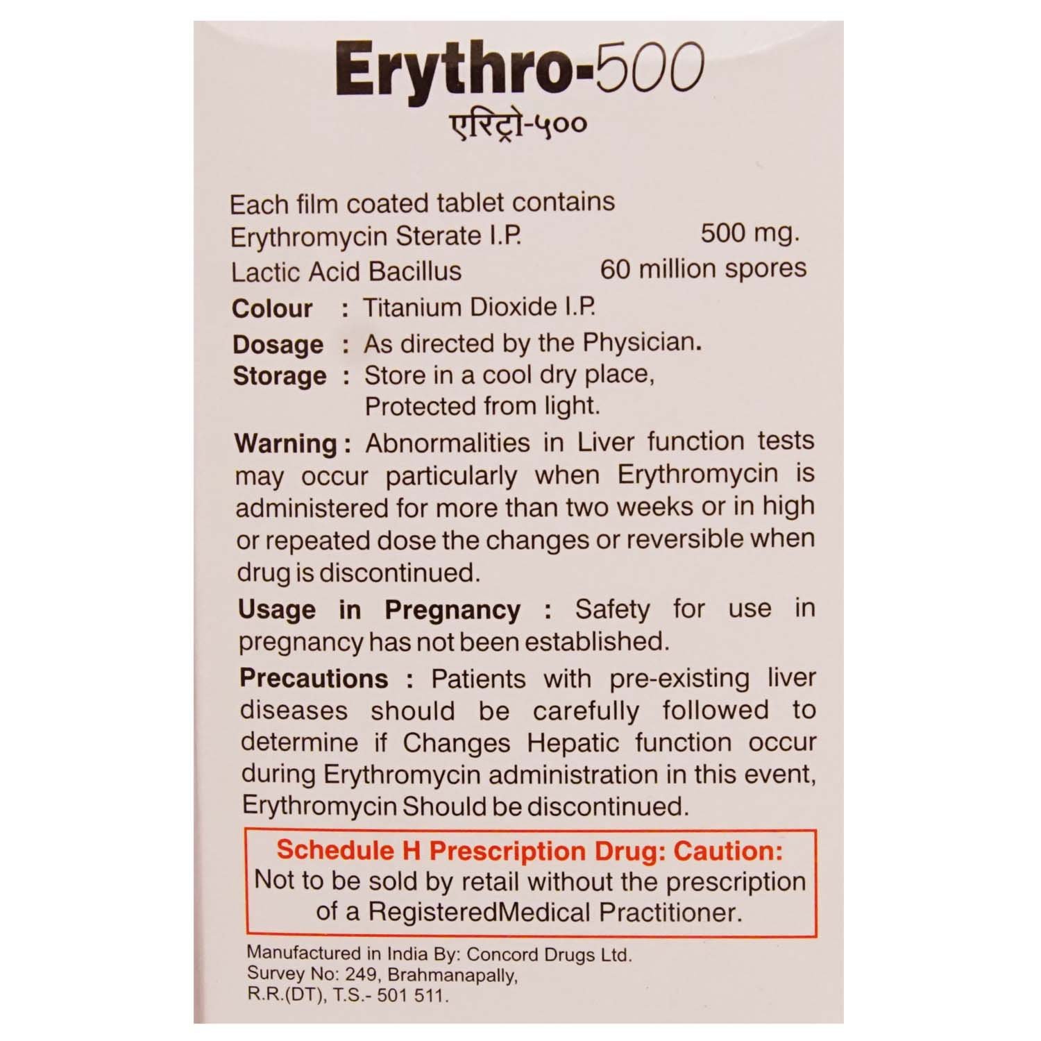 Erythro 500 Tablet 10's, Pack of 10 TABLETS Erythro 500 Tablet 10's, Pack of 10 TABLETS