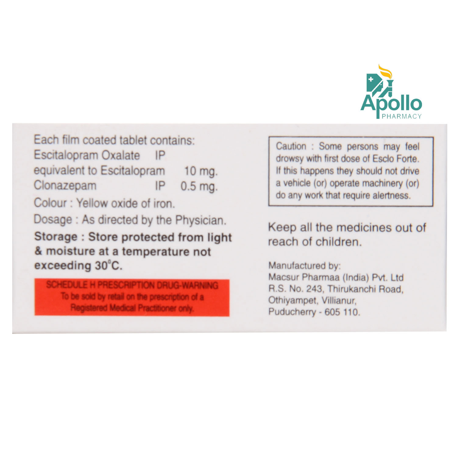 ESCLO FORTE TABLET, Pack of 10 TABLETS ESCLO FORTE TABLET, Pack of 10 TABLETS
