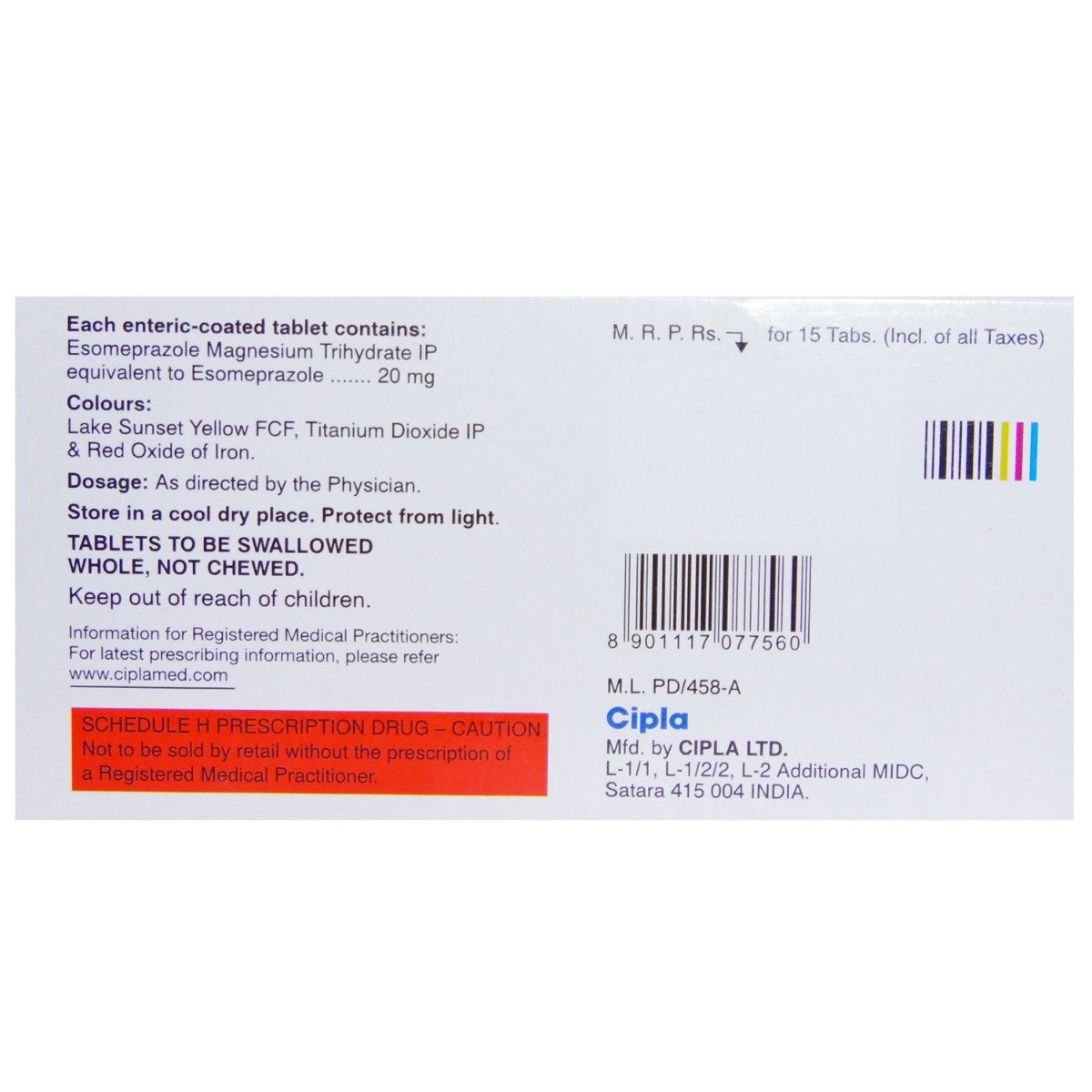 Esomac 20 Tablet 15's, Pack of 15 TabletS Esomac 20 Tablet 15's, Pack of 15 TabletS