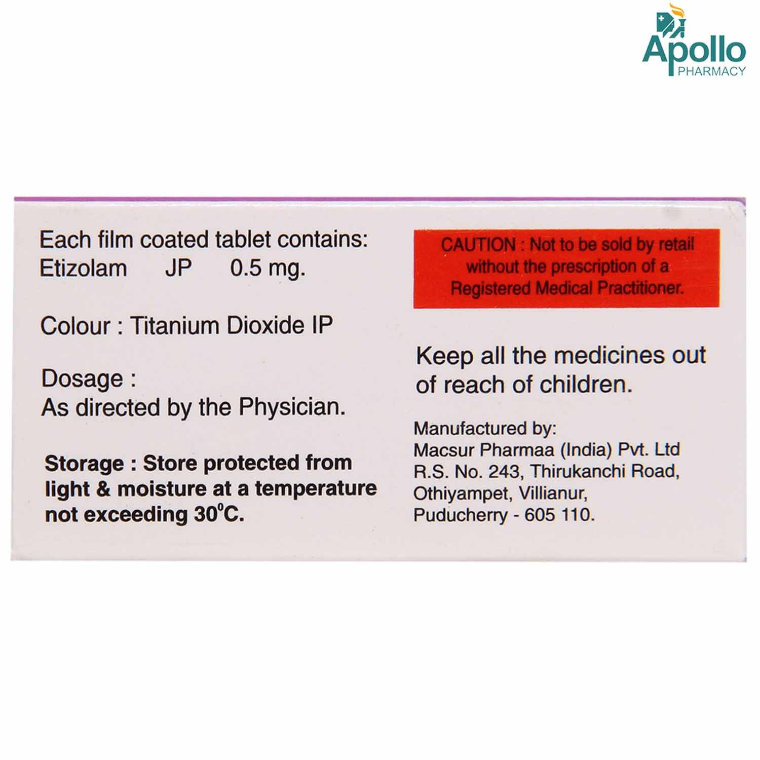 ETINAP 0.5MG TABLET, Pack of 10 TABLETS ETINAP 0.5MG TABLET, Pack of 10 TABLETS