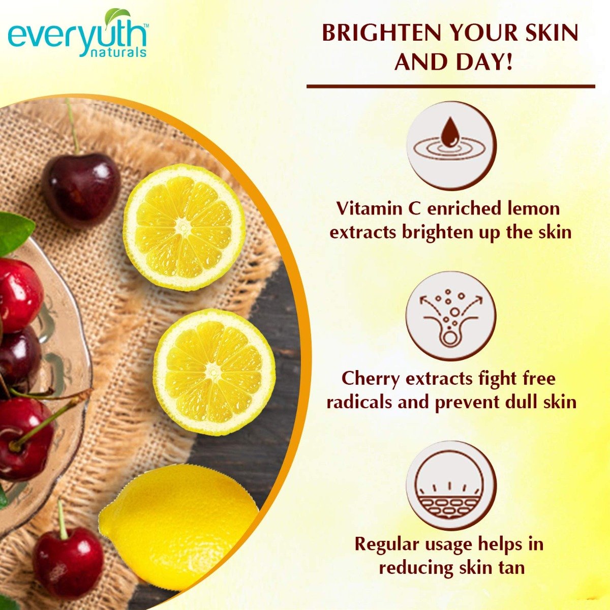 Everyuth Brightening Lemon & Cherry Face Wash 100 gm | Fights Tanning | Brightens Skin | For All Skin Type, Pack of 1 Everyuth Brightening Lemon & Cherry Face Wash 100 gm | Fights Tanning | Brightens Skin | For All Skin Type, Pack of 1