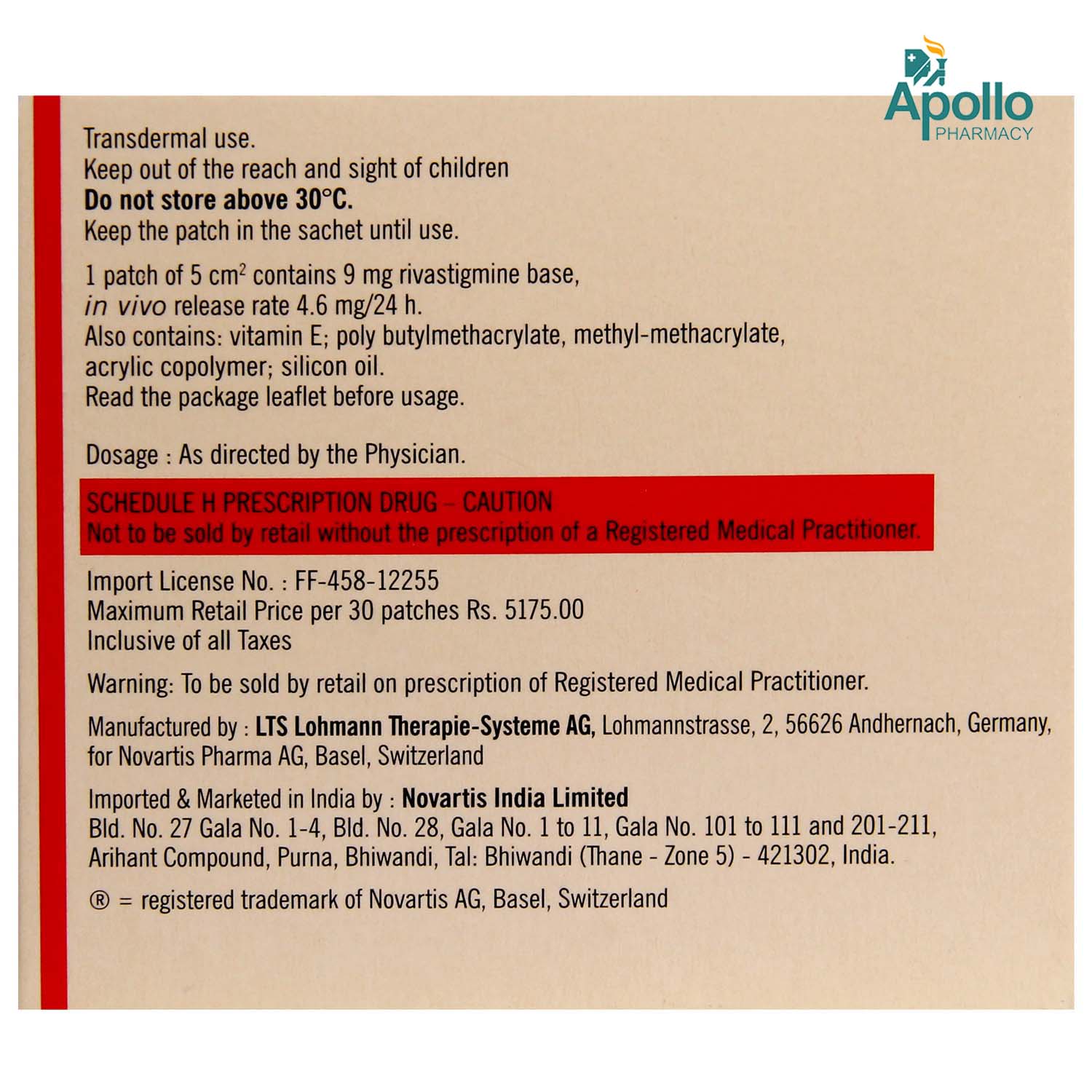 Exelon Transdermal Patch 5, Pack of 1 PATCH Exelon Transdermal Patch 5, Pack of 1 PATCH