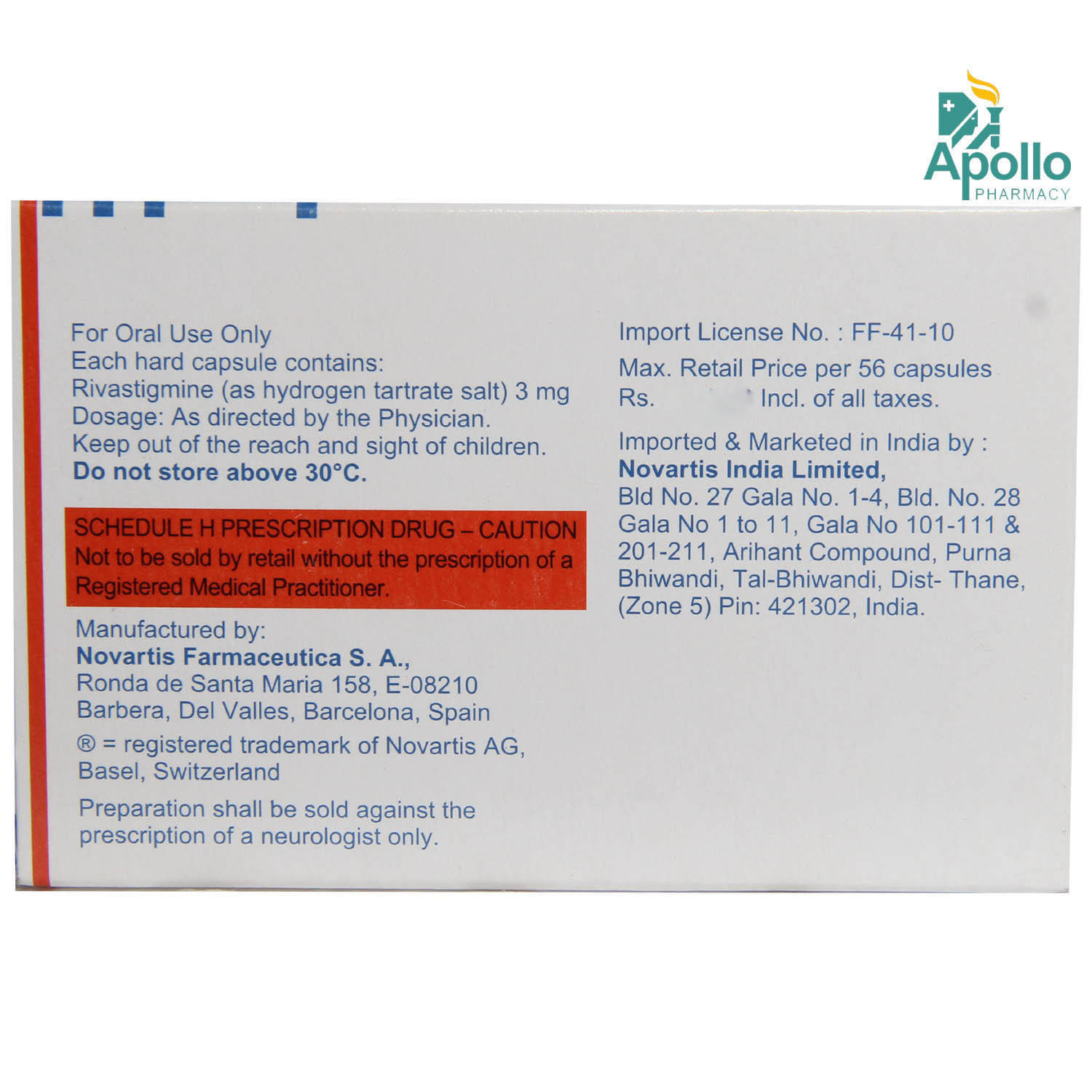 Exelon 3 Capsule 14's, Pack of 14 TABLETS Exelon 3 Capsule 14's, Pack of 14 TABLETS