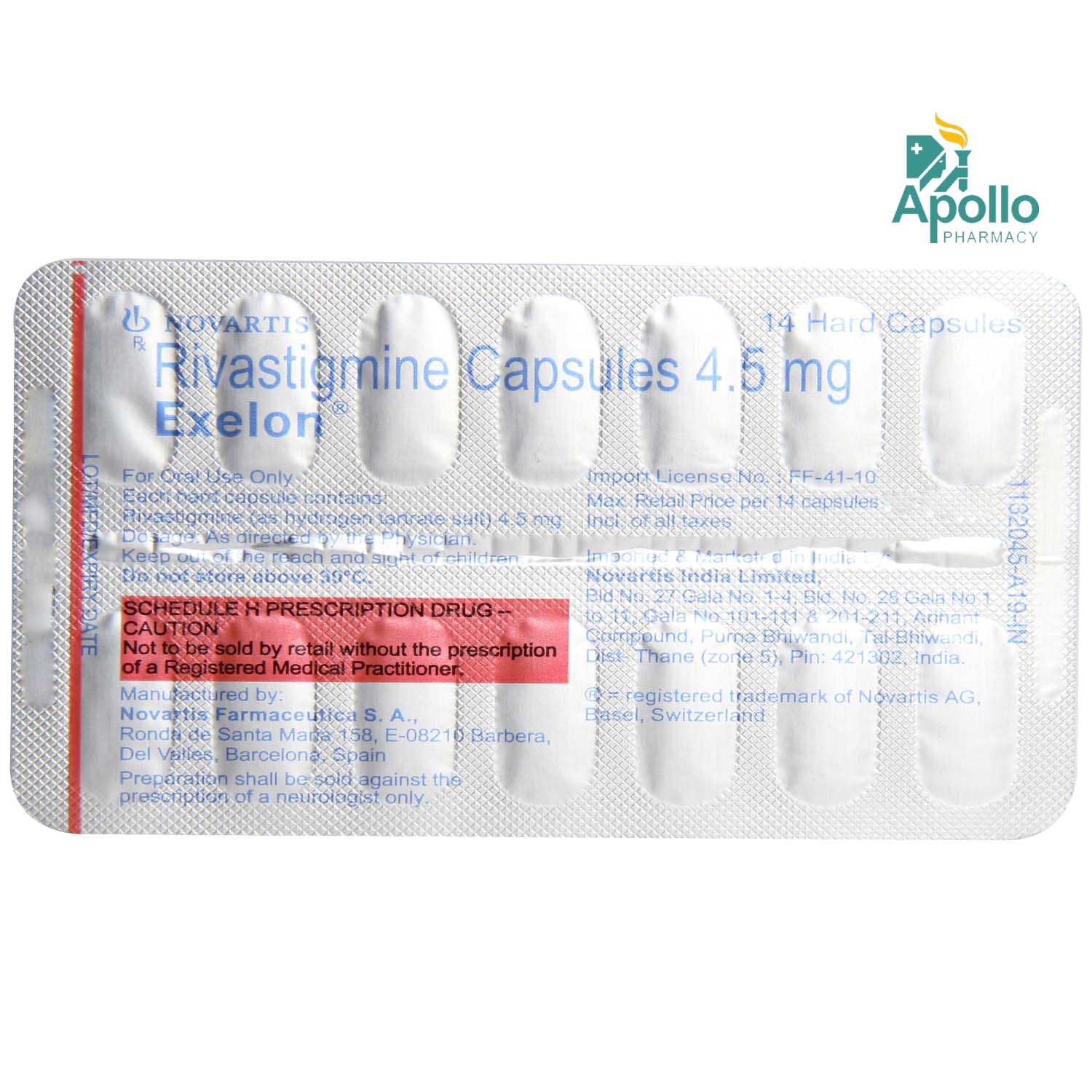 Exelon 4.5mg Capsule 14's, Pack of 14 CapsuleS Exelon 4.5mg Capsule 14's, Pack of 14 CapsuleS