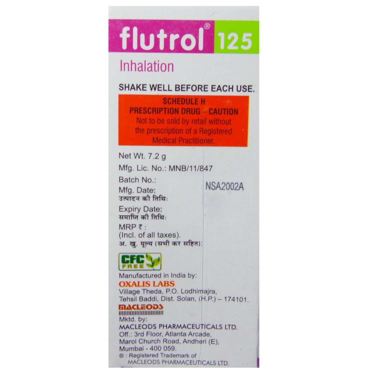 Flutrol 125 Inhaler 120 mdi, Pack of 1 Flutrol 125 Inhaler 120 mdi, Pack of 1