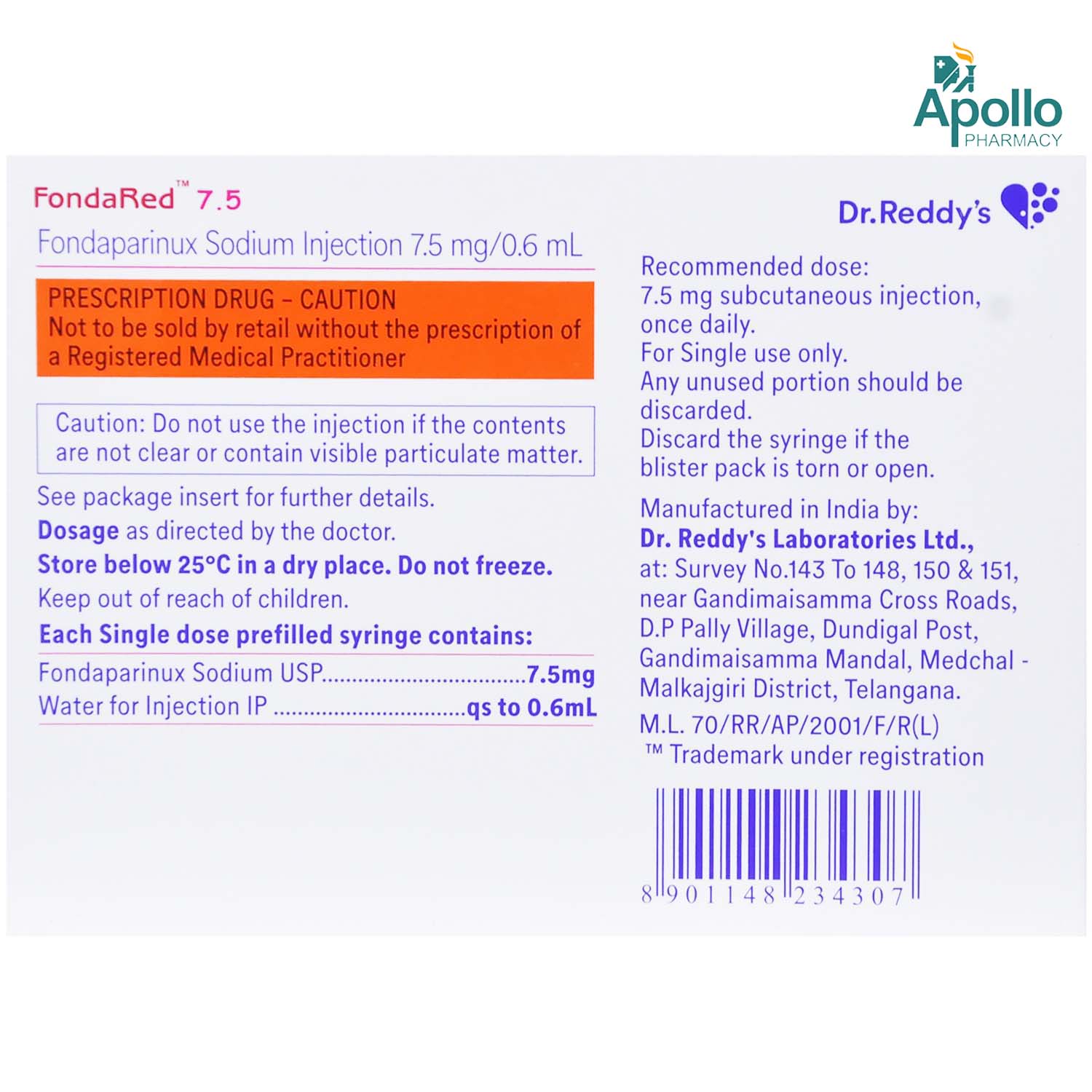 Fondared 7.5 Injection 0.6 ml, Pack of 1 INJECTION Fondared 7.5 Injection 0.6 ml, Pack of 1 INJECTION