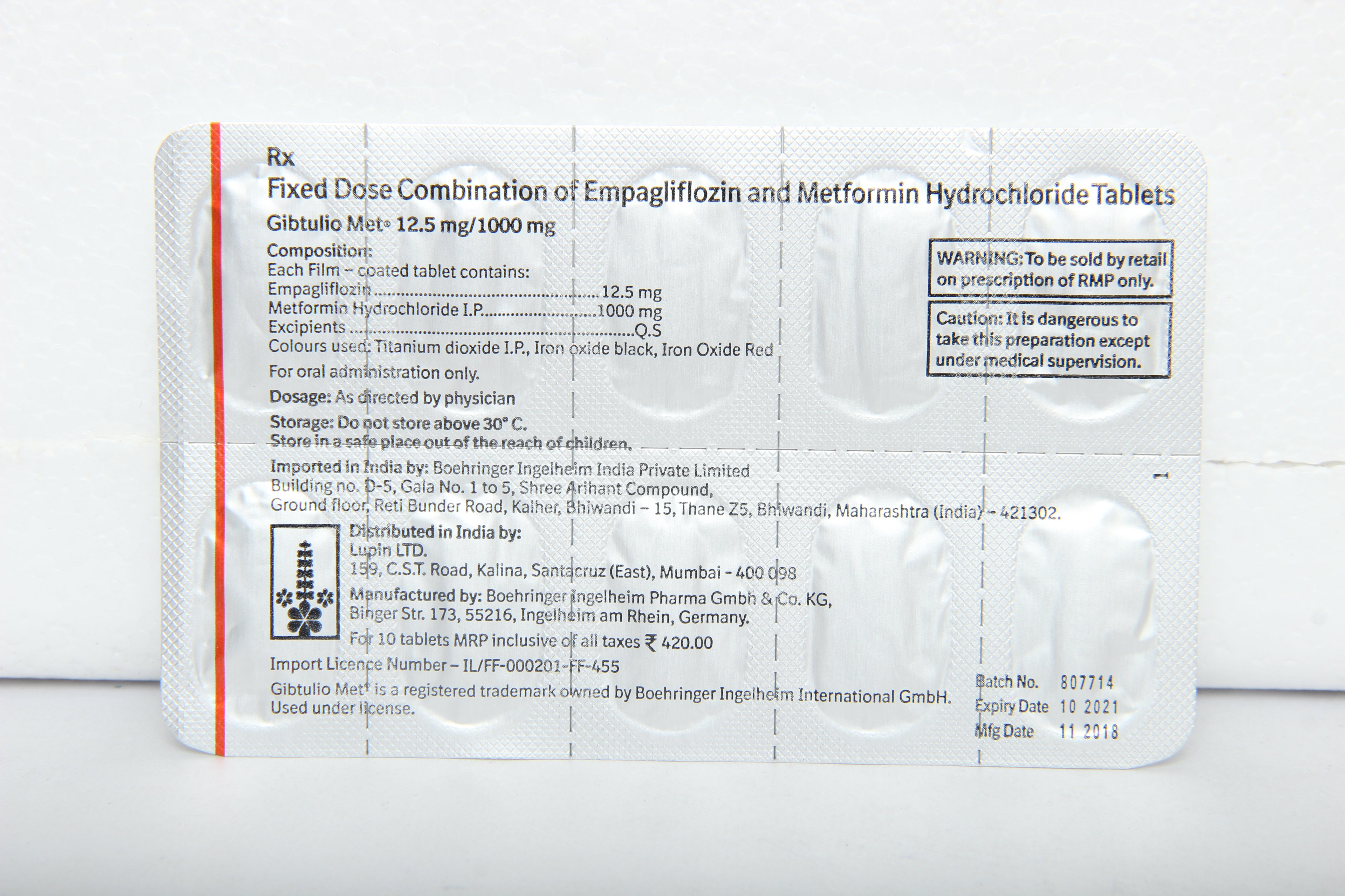 Gibtulio Met 12.5/1000 Tablet 10's, Pack of 10 TABLETS Gibtulio Met 12.5/1000 Tablet 10's, Pack of 10 TABLETS