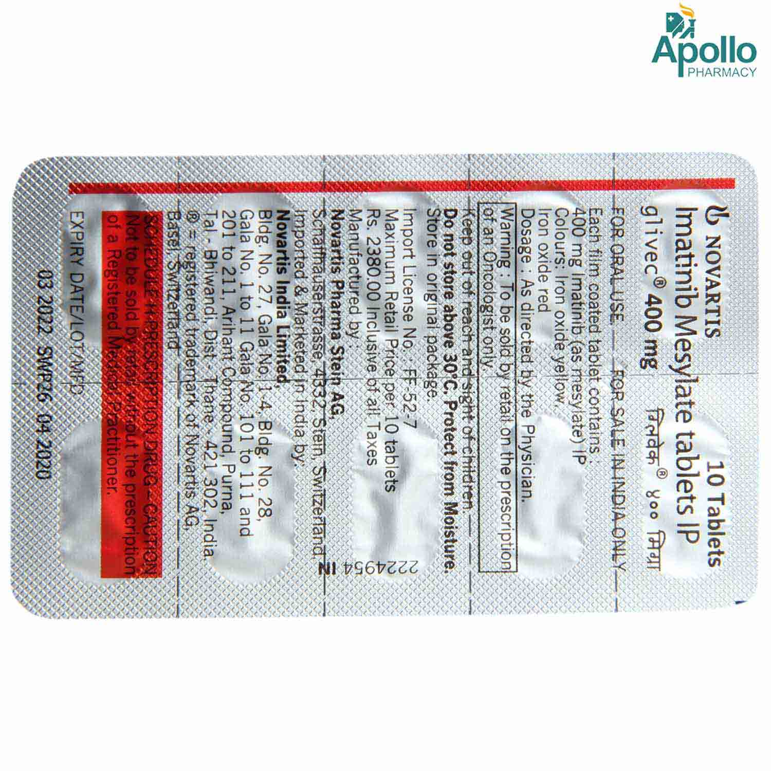 Glivec 400 mg Tablet 10's, Pack of 10 TABLETS Glivec 400 mg Tablet 10's, Pack of 10 TABLETS