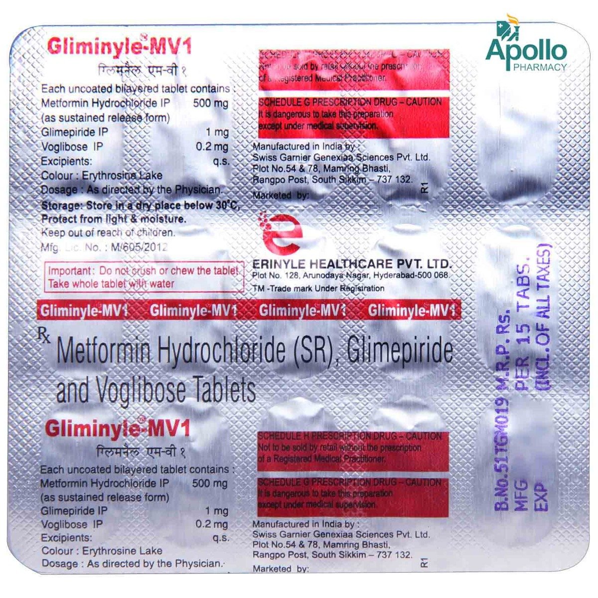 Gliminyle-MV1 Tablet 15's, Pack of 15 TabletS Gliminyle-MV1 Tablet 15's, Pack of 15 TabletS