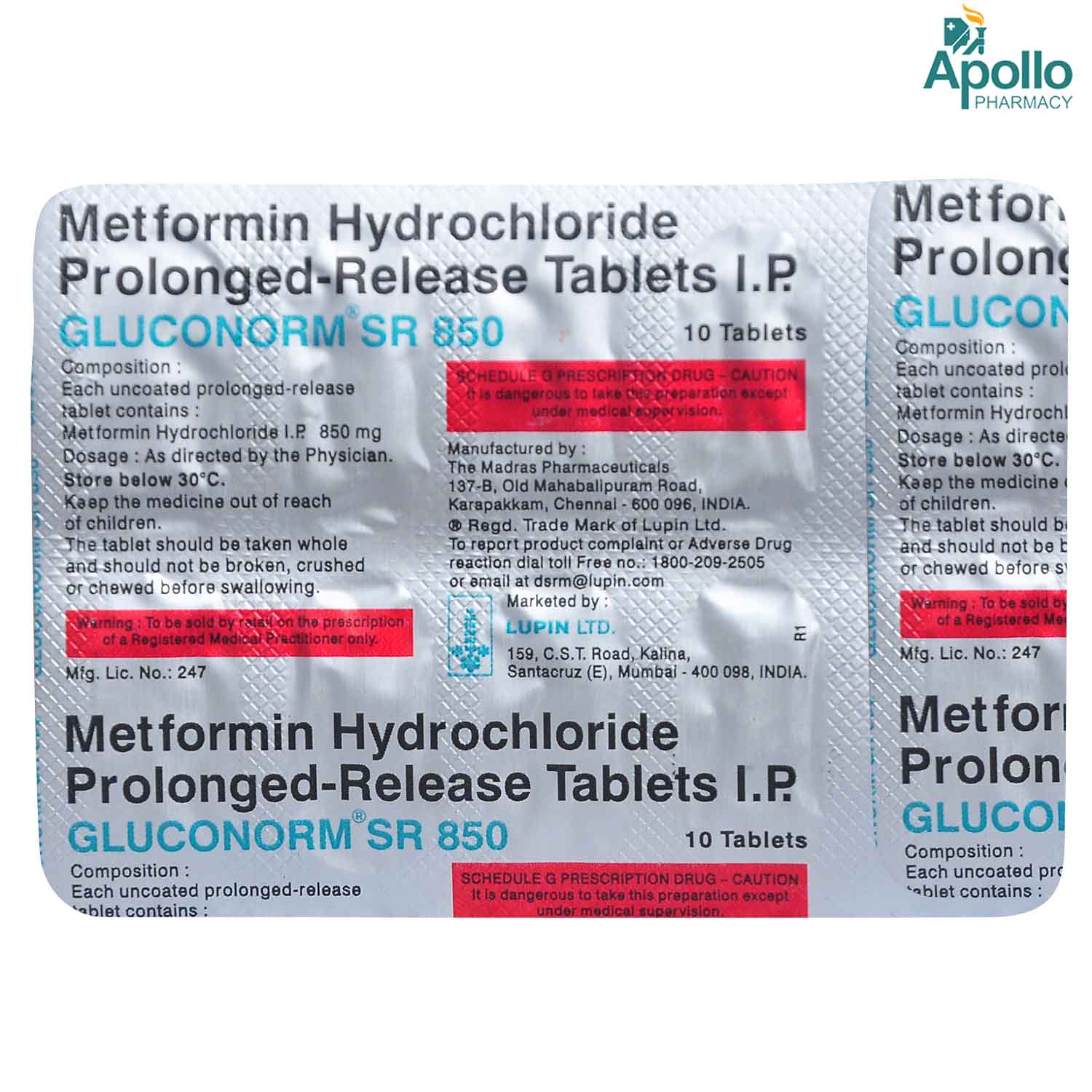 Gluconorm SR 850 Tablet 10's, Pack of 10 TABLETS Gluconorm SR 850 Tablet 10's, Pack of 10 TABLETS