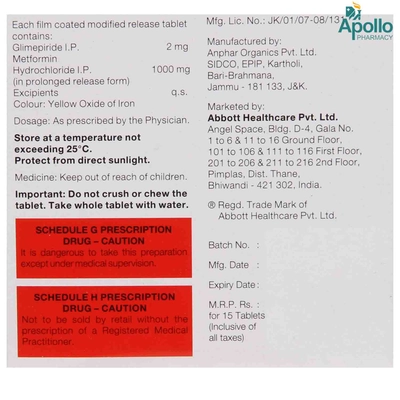 Gluformin G 2 mg/1000 mg Forte Tablet 15's, Pack of 15 TabletS