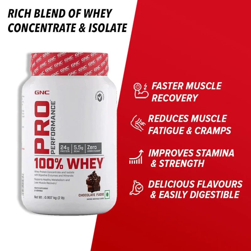 GNC PRO Performance 100% Whey Chocolate Fudge Flavour Powder, 0.907 kg, Pack of 1 GNC PRO Performance 100% Whey Chocolate Fudge Flavour Powder, 0.907 kg, Pack of 1