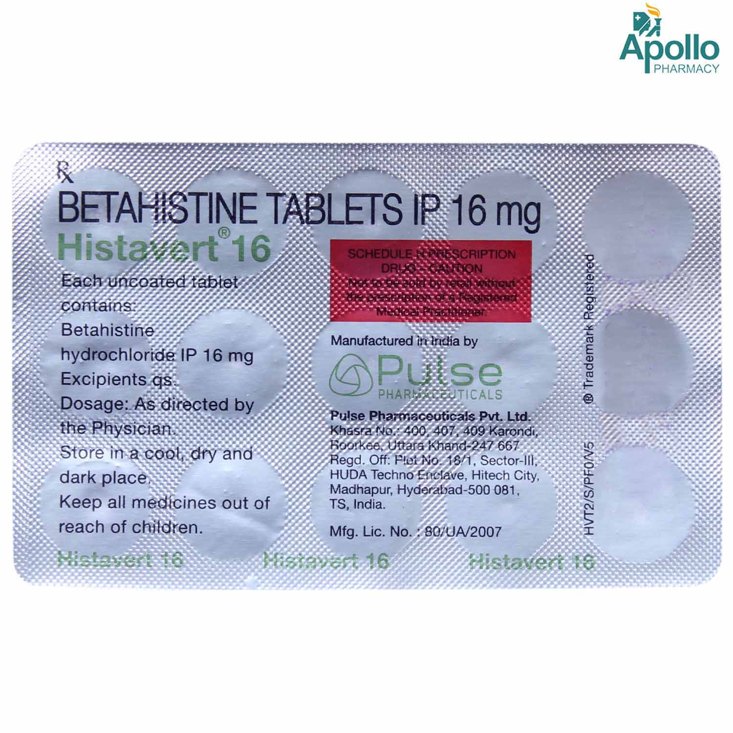 Histavert 16 mg Tablet 15's, Pack of 15 TABLETS Histavert 16 mg Tablet 15's, Pack of 15 TABLETS