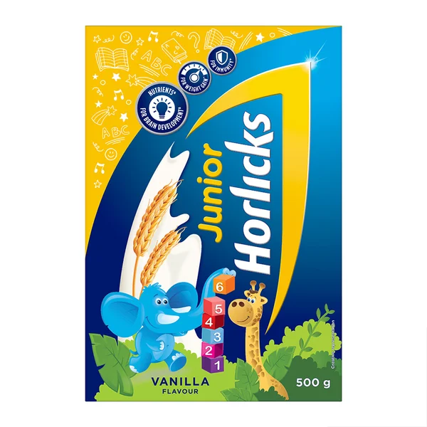Junior Horlicks Vanilla Flavour Nutrition Powder 500 gm Refill Pack | Improve Immunity | Support Healthy Weight Gain | Promote Brain Development, Pack of 1