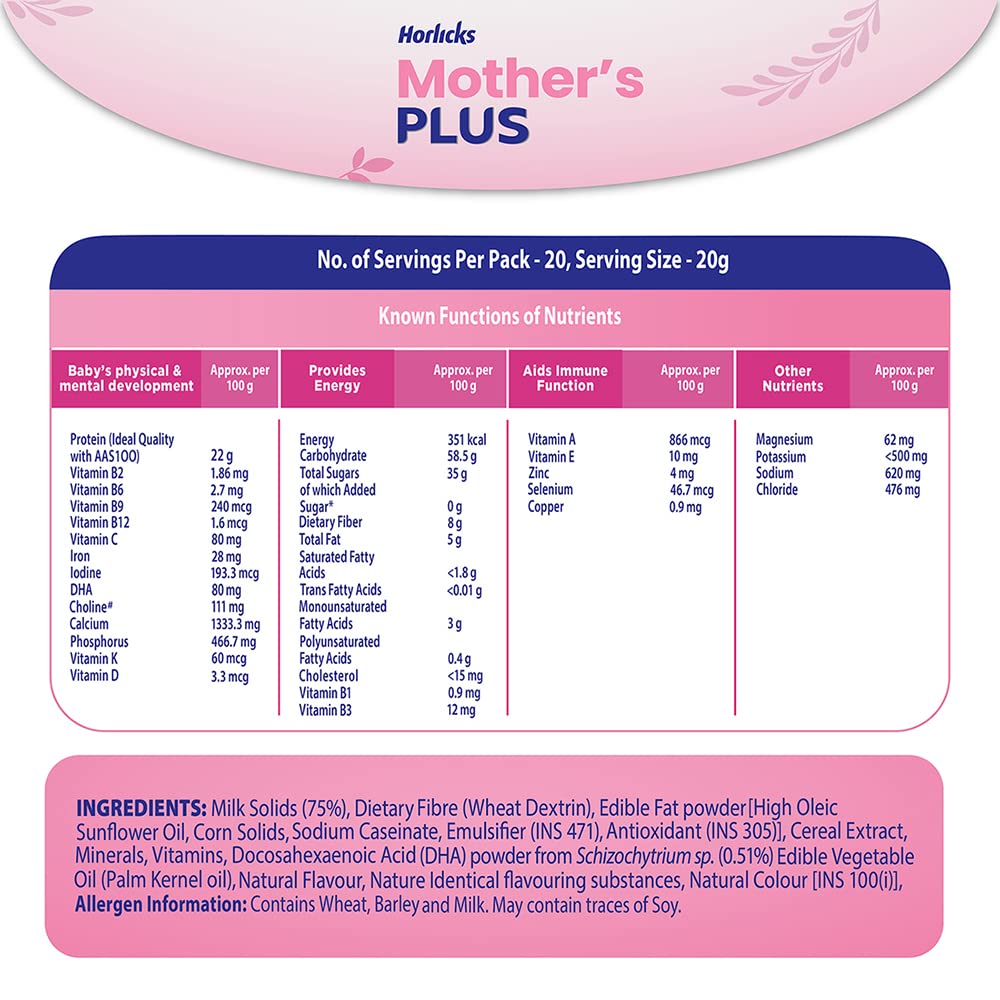 Horlicks Mother's Plus Vanilla Flavour Nutrition Powder, 400 gm Refill Pack | 25 Vital Nutrients | Support Healthy Birth Weight | Improves Lactation, Pack of 1 Horlicks Mother's Plus Vanilla Flavour Nutrition Powder, 400 gm Refill Pack | 25 Vital Nutrients | Support Healthy Birth Weight | Improves Lactation, Pack of 1