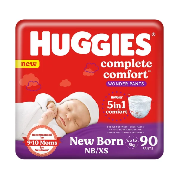 Huggies Complete Comfort Wonder Baby Diaper Pants NB/XS, 90 Count, Pack of 1