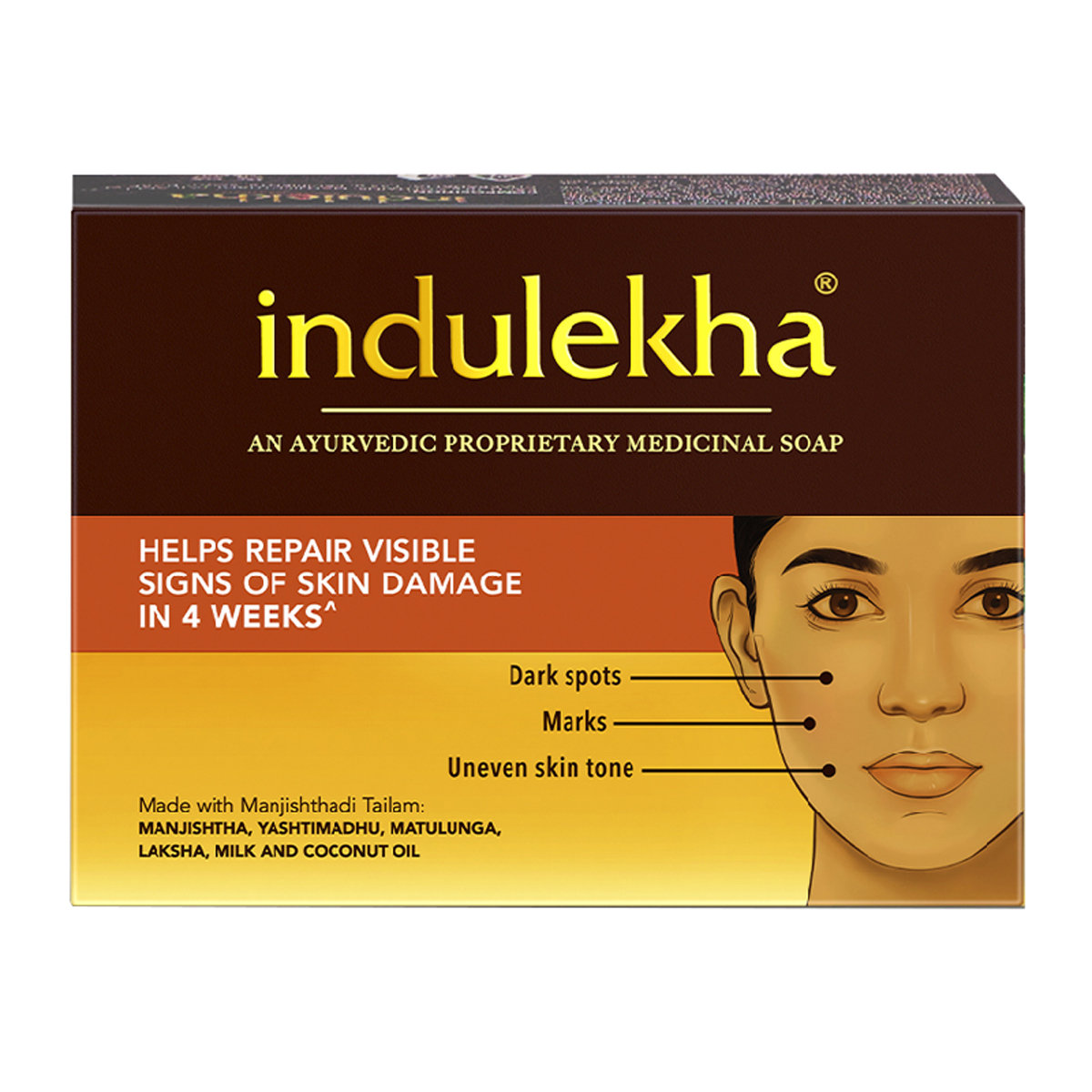 Indulekha Ayurvedic Proprietary Medicinal Soap 100 gm | Manjistha, Yashtimadhu, Matulunga, Laksha, Milk & Coconut Oil | For Dark Spots, Marks & Uneven Skin Tone, Pack of 1 Indulekha Ayurvedic Proprietary Medicinal Soap 100 gm | Manjistha, Yashtimadhu, Matulunga, Laksha, Milk & Coconut Oil | For Dark Spots, Marks & Uneven Skin Tone, Pack of 1