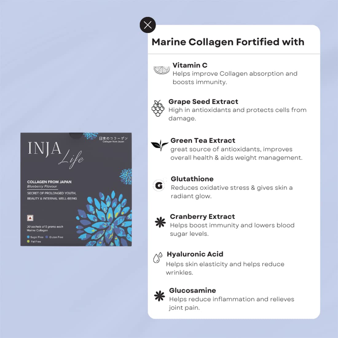 INJA Life Collagen Blueberry Flavour Powder, 150 gm (30 gm x 5 Sachets), Pack of 1 INJA Life Collagen Blueberry Flavour Powder, 150 gm (30 gm x 5 Sachets), Pack of 1