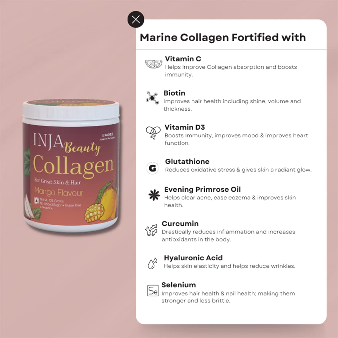 INJA Beauty Collagen Mango Flavour Powder for Great Skin & Hair, 125 gm, Pack of 1 INJA Beauty Collagen Mango Flavour Powder for Great Skin & Hair, 125 gm, Pack of 1