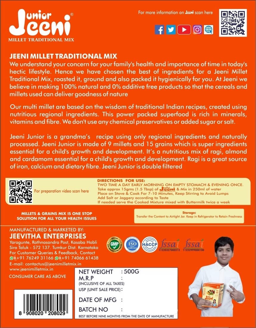 Jeeni Junior Millet Traditional Mix Powder, 500 gm, Pack of 1 Jeeni Junior Millet Traditional Mix Powder, 500 gm, Pack of 1