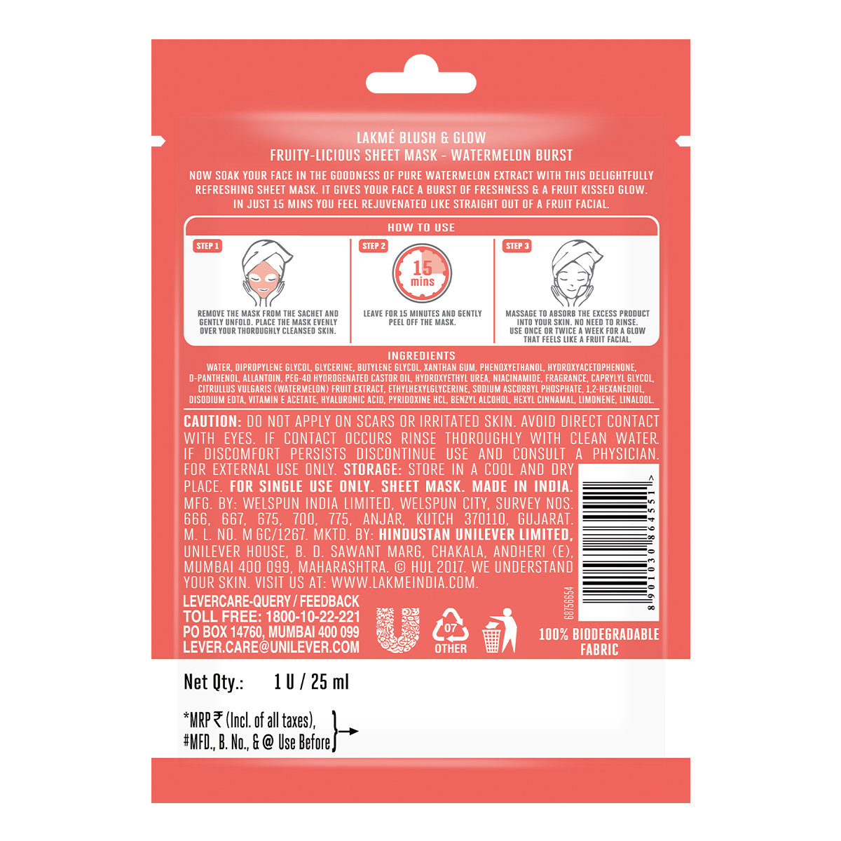 Lakme Blush & Glow Watermelon Burst Sheet Mask 25 ml | With Pure Watermelon Extract | Fruit Facial Like Glow In 15 Min | Gives Rejuvenated Feel, Pack of 1 Lakme Blush & Glow Watermelon Burst Sheet Mask 25 ml | With Pure Watermelon Extract | Fruit Facial Like Glow In 15 Min | Gives Rejuvenated Feel, Pack of 1