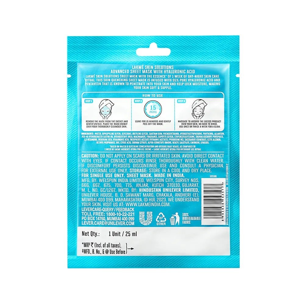 Lakme Skin Solutions Hydrating Sheet Mask with Hyaluronic Acid, 25 ml, Pack of 1 Lakme Skin Solutions Hydrating Sheet Mask with Hyaluronic Acid, 25 ml, Pack of 1